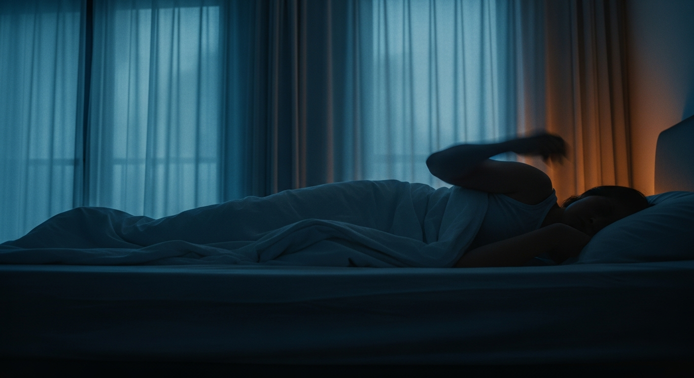 Person experiencing a hypnic jerk while falling asleep, illustrating sleep-onset myoclonus