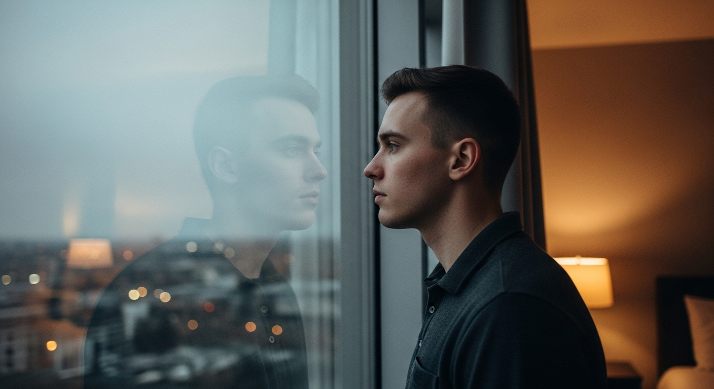Person looking through window with ghosted reflection illustrating depersonalization observer mode