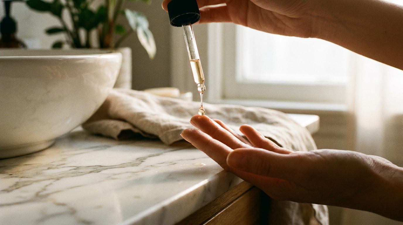 best vitamin c serum for glowing skin - dropper of vitamin C serum on fingertips