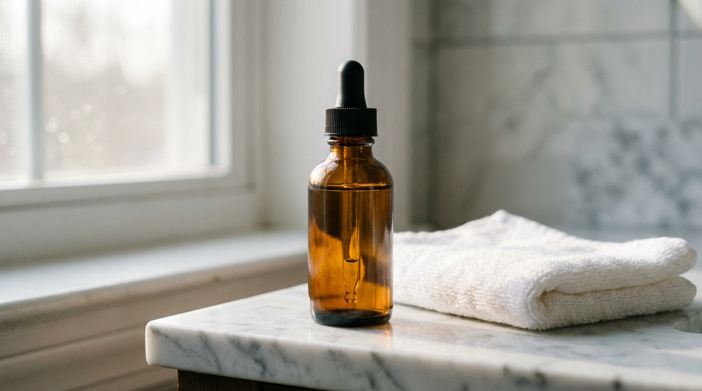 best vitamin c serum for sensitive skin - amber dropper bottle on a marble counter