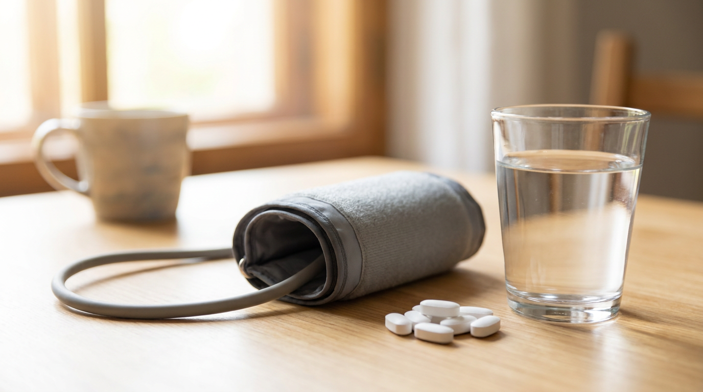 blood pressure medication recall 2026 - home blood pressure cuff beside white tablets and a glass of water