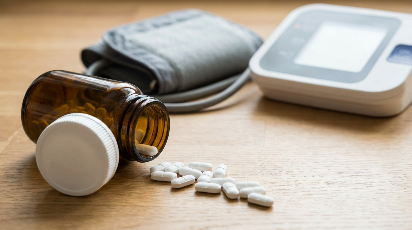 blood pressure medication recall list - amber pill bottle with tablets beside a blood pressure cuff and monitor