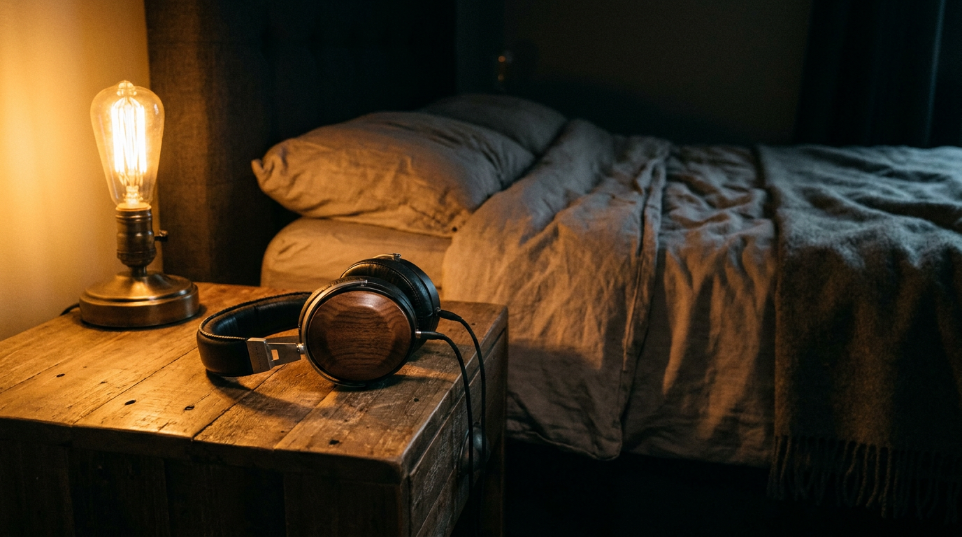 sleep music for deep sleep - over-ear headphones on a wooden nightstand beside a dim lamp and a bed