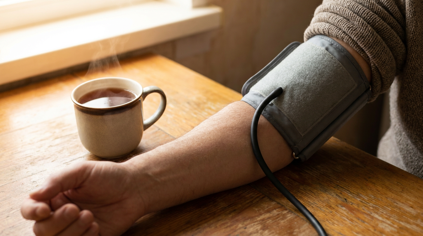 age blood pressure chart - blood pressure cuff on an adult's upper arm at a kitchen table