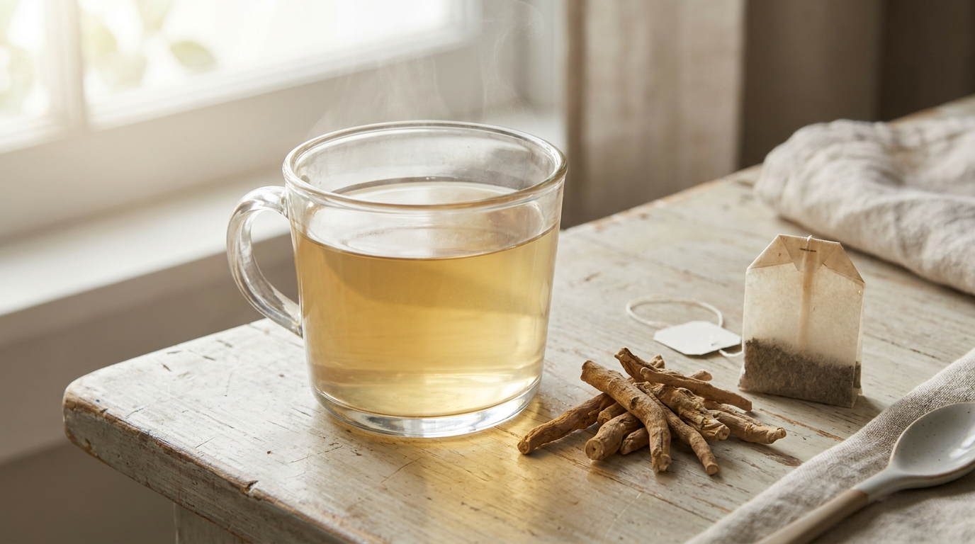 ashwagandha tea - cup of herbal tea beside dried ashwagandha root and a tea bag