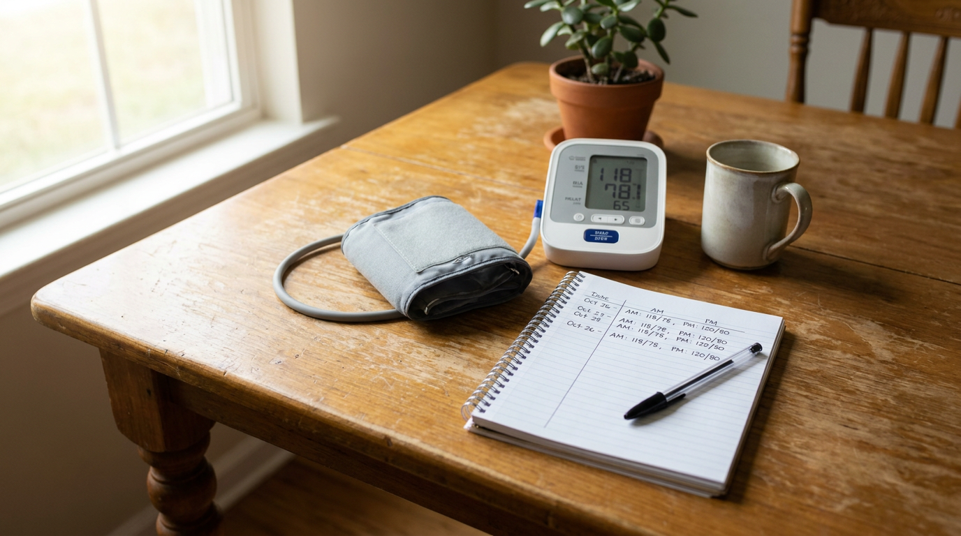 blood pressure log - upper-arm monitor and cuff beside a notebook of dated readings