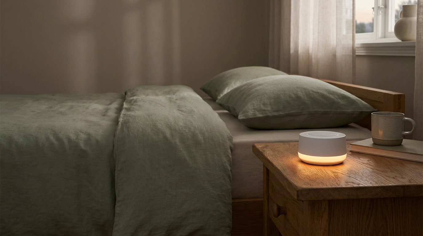 green noise sleep - small sound machine on a bedside table in a dim bedroom