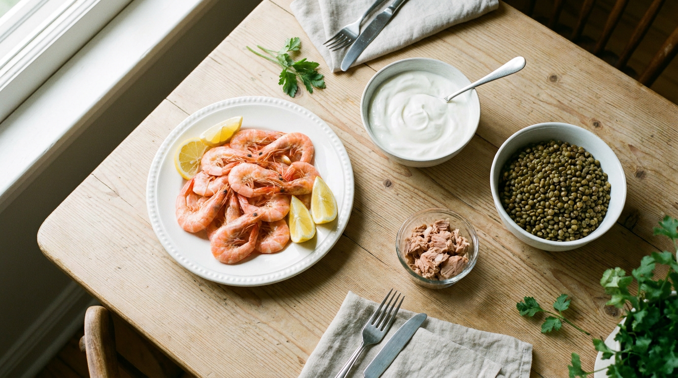 low calorie high protein foods - shrimp, Greek yogurt, lentils and tuna on a wooden table