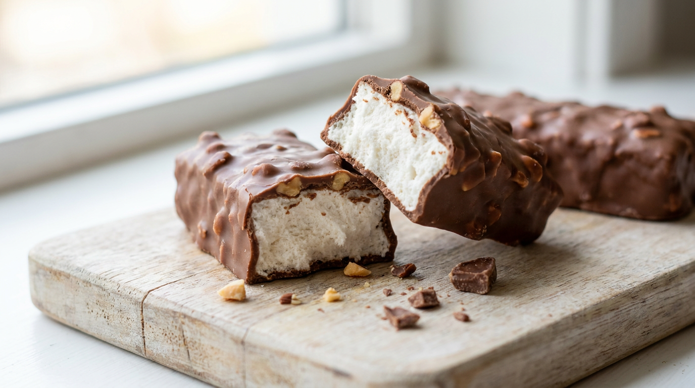 puff protein bars - chocolate-coated BUILT Puff bar snapped in half showing the airy marshmallow-like center