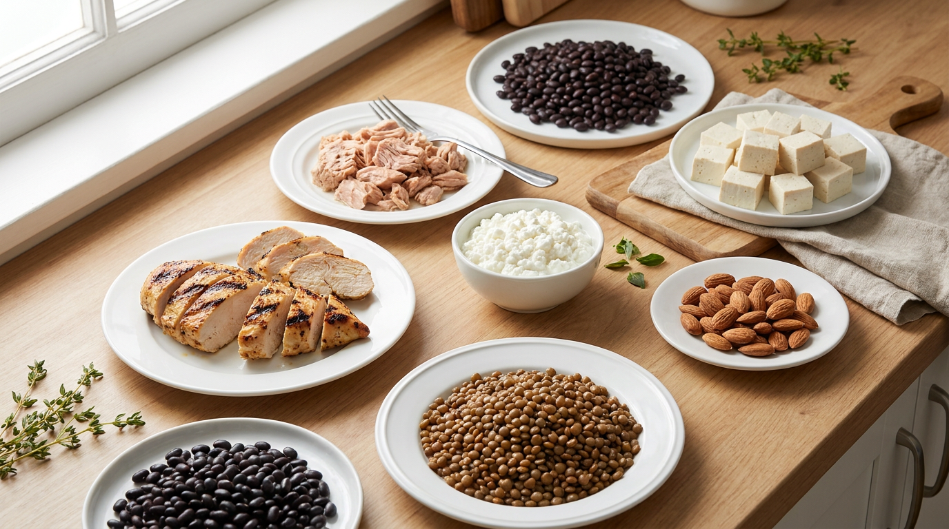 top 10 protein foods - chicken, tuna, cottage cheese, tofu, lentils and almonds on plates