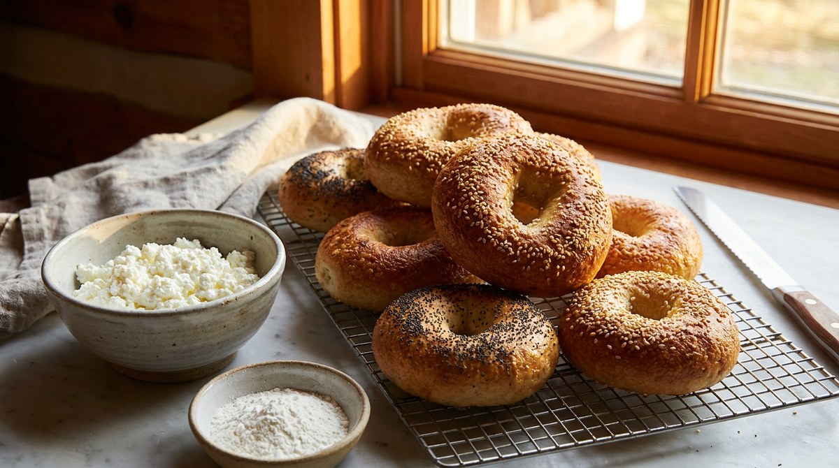 Golden baked cottage cheese bagels on a cooling rack next to a bowl of cottage cheese