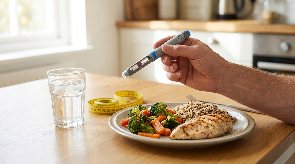 Hand holding a weekly injection pen beside a glass of water, a balanced plate and a measuring tape