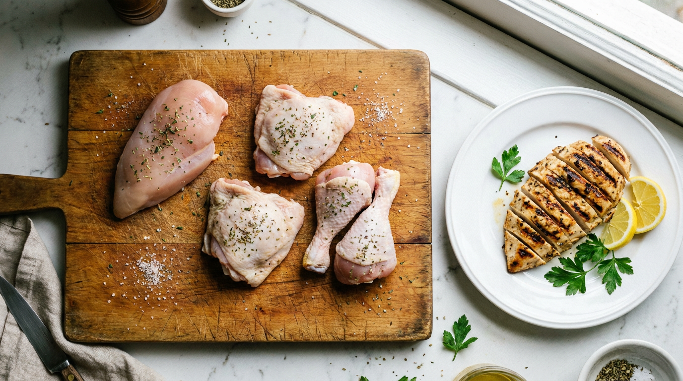 how much protein in chicken - raw chicken breast, thighs and drumsticks beside a sliced grilled breast