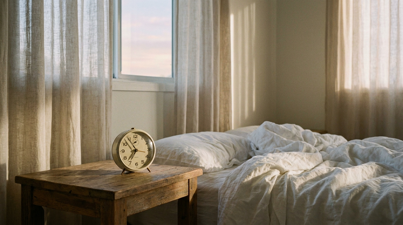 is 5 hours of sleep enough - analog alarm clock on a nightstand beside an unmade bed at dawn