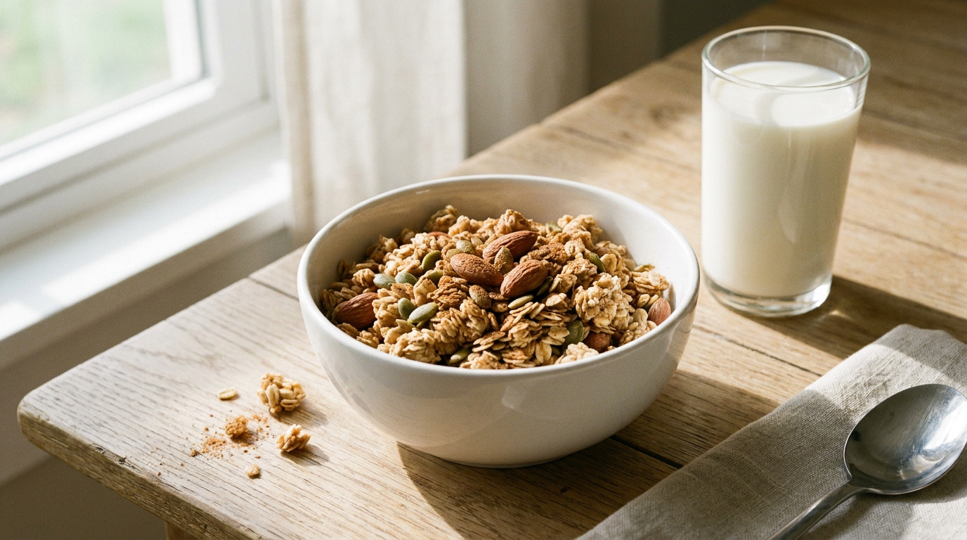 protein granola - bowl of oat granola clusters with pumpkin seeds and almonds beside a glass of milk