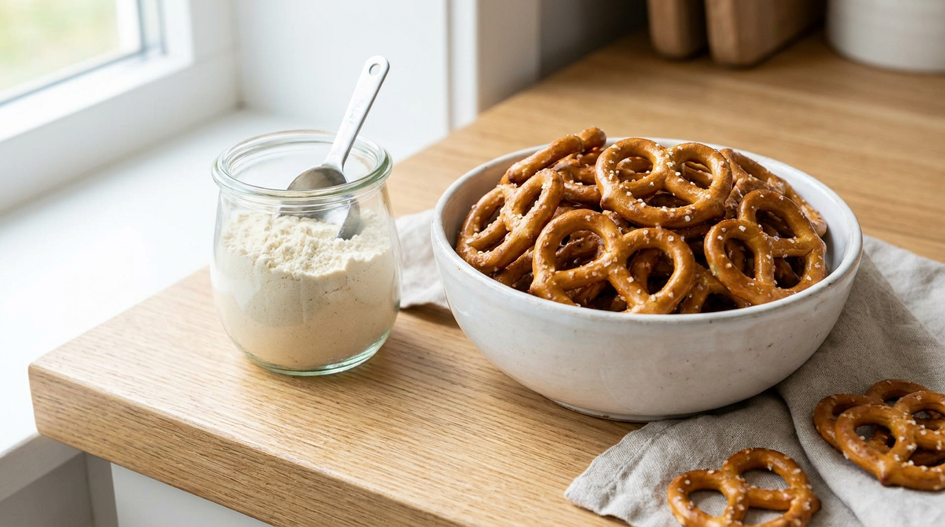protein pretzels - salted pretzel twists in a white bowl beside a jar of protein powder