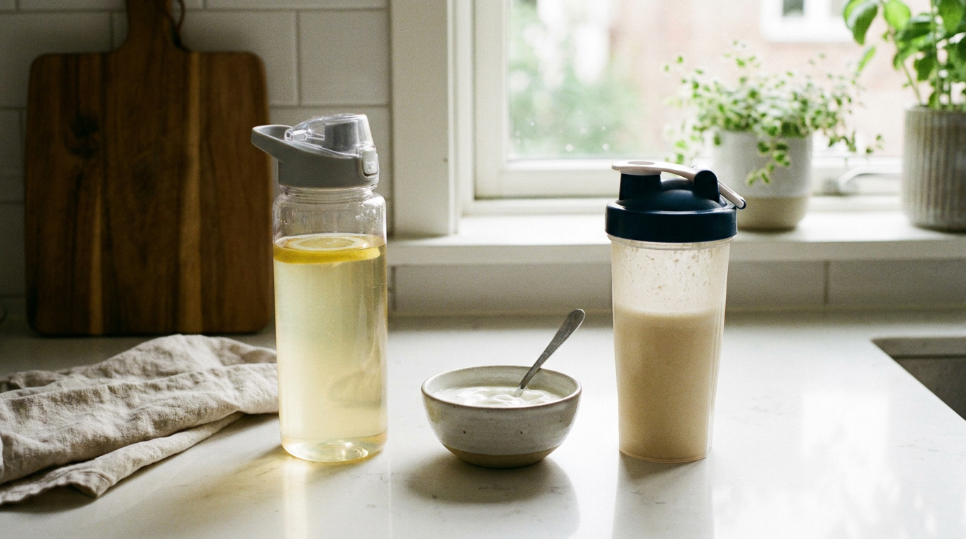 protein water - clear bottle of flavored water beside a bowl of Greek yogurt and a shaker of protein shake